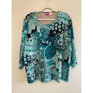 Pappagallo Plus Size 3X Blue Abstract Floral Paisley Top Long Sleeves